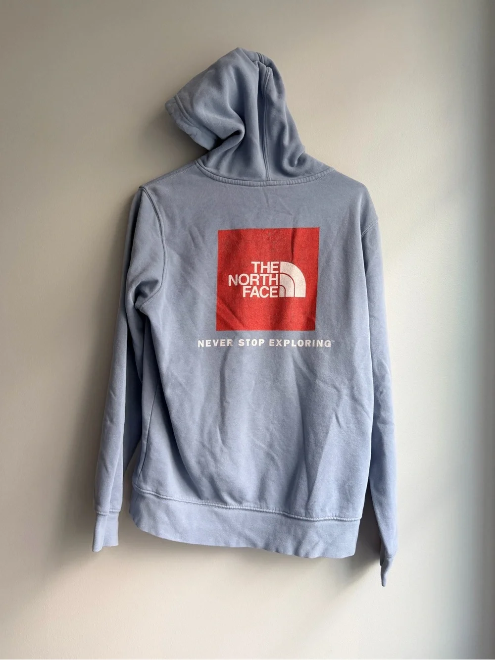 The North Face Men's Pale Blue Pullover Hoodie with Red Logo